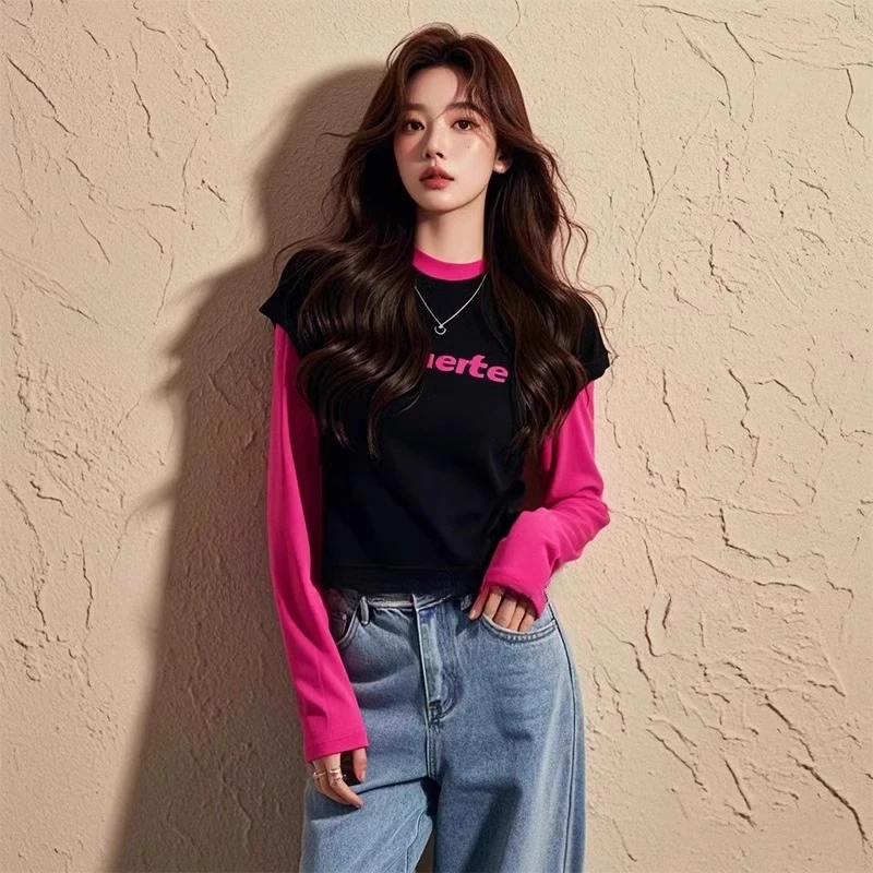 黑粉撞色假两件正肩长袖T恤女2025早秋季新款冷淡系独特别致上衣
