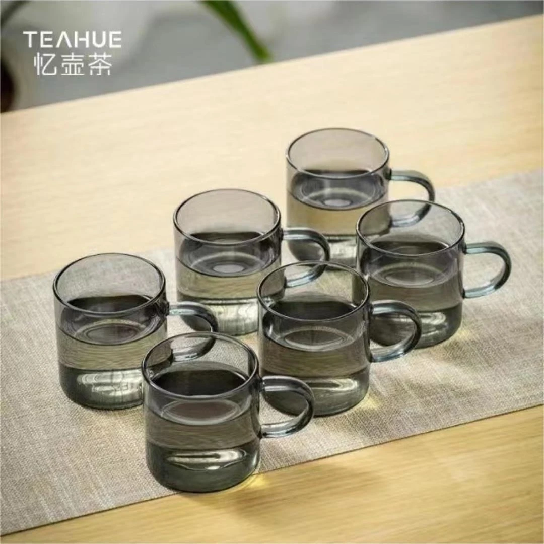 玻璃小茶杯带把加厚耐热透明品茗杯功夫茶具家用六彩色杯架不混杯