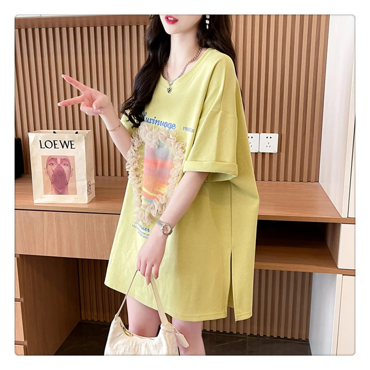 网纱爱心设计感中长款纯棉短袖t恤女宽松大码遮肚显瘦减龄上衣夏