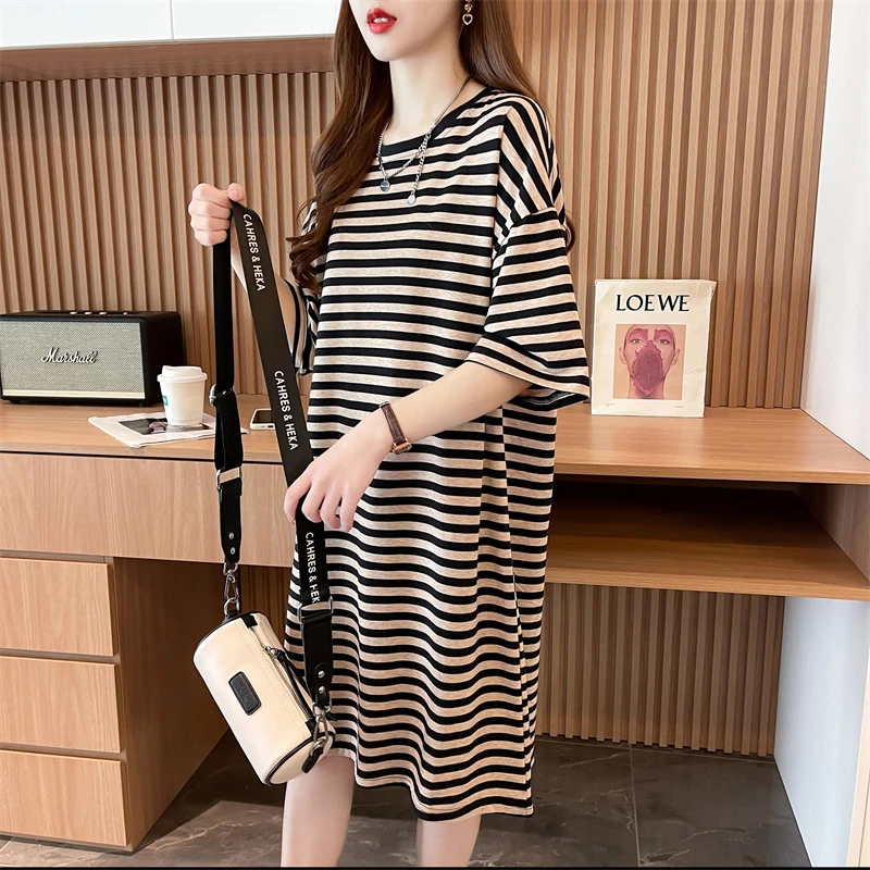 条纹中长款遮臀过膝纯棉短袖t恤裙女夏季时尚大码遮肚显瘦连衣裙