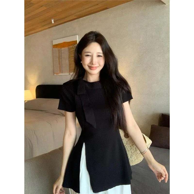 2025新款夏季设计感开叉小众蝴蝶结系带针织衫女修身别致短袖上衣