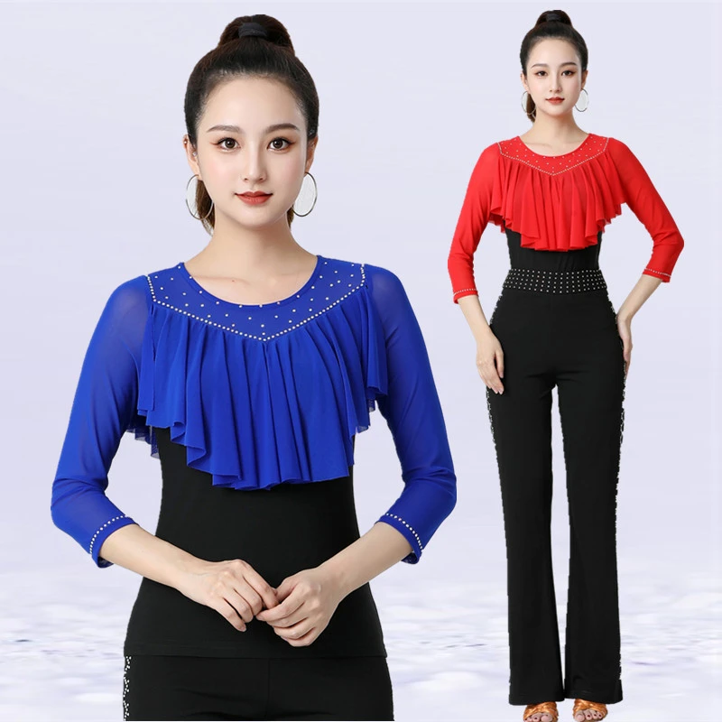 新款舞蹈上衣女圆领七分袖高档烫钻拉丁舞演出服广场舞水兵舞表演