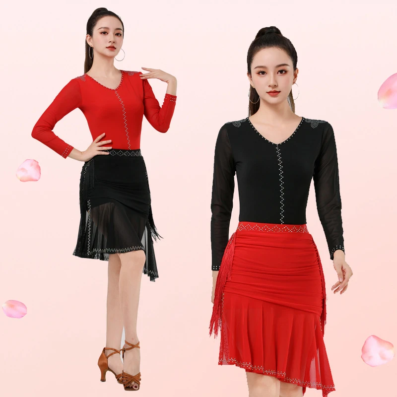 新款拉丁舞V领长袖高档烫钻跳舞衣气质显瘦广场舞伦巴国标舞蹈服