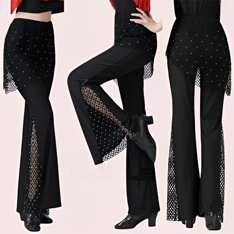 新款拉丁舞长裤女高档烫钻广场舞裤子显瘦遮腹裙裤吉特巴国标舞裤