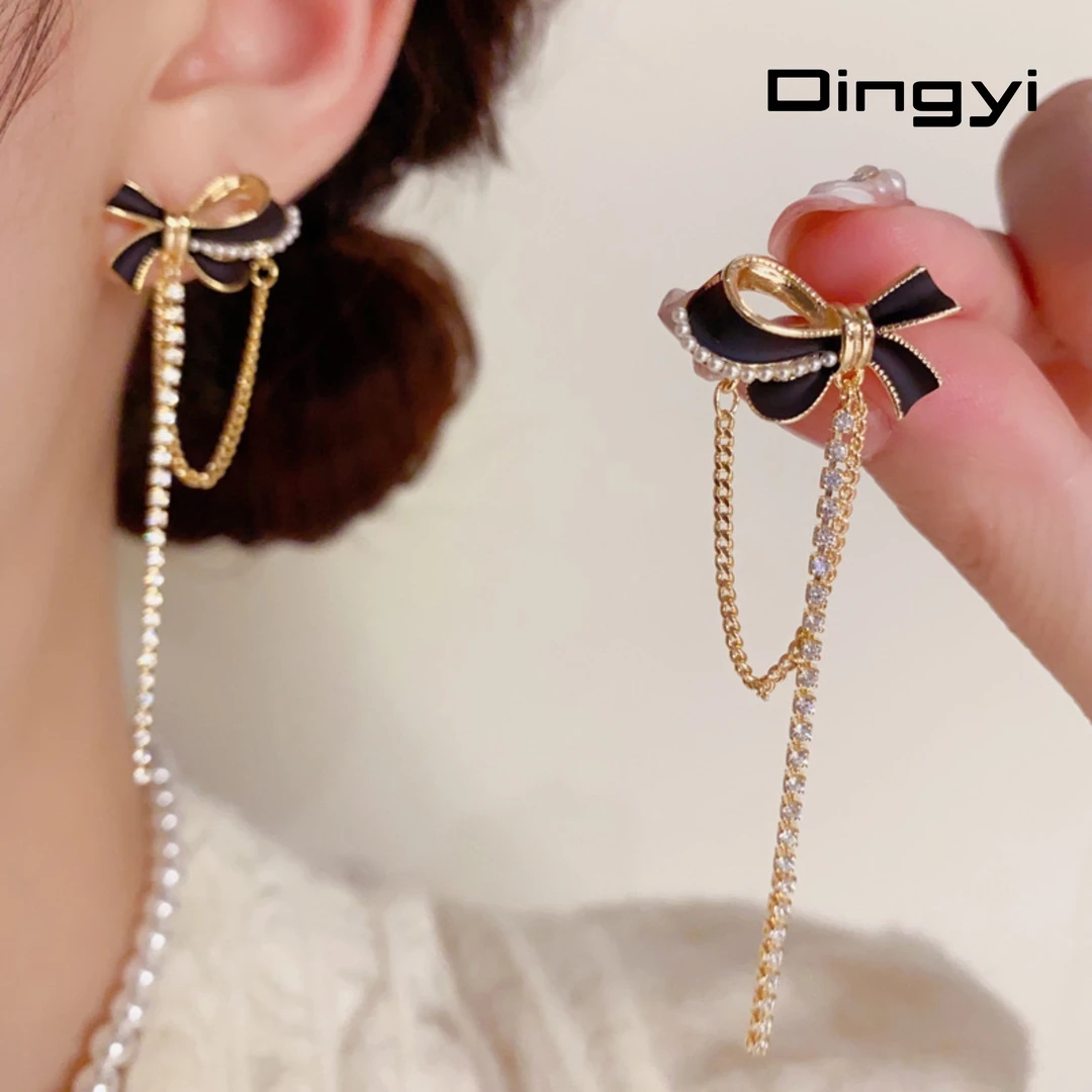 铜合金耳饰 黑色蝴蝶结长款链条流苏耳坠小众时尚精致轻奢