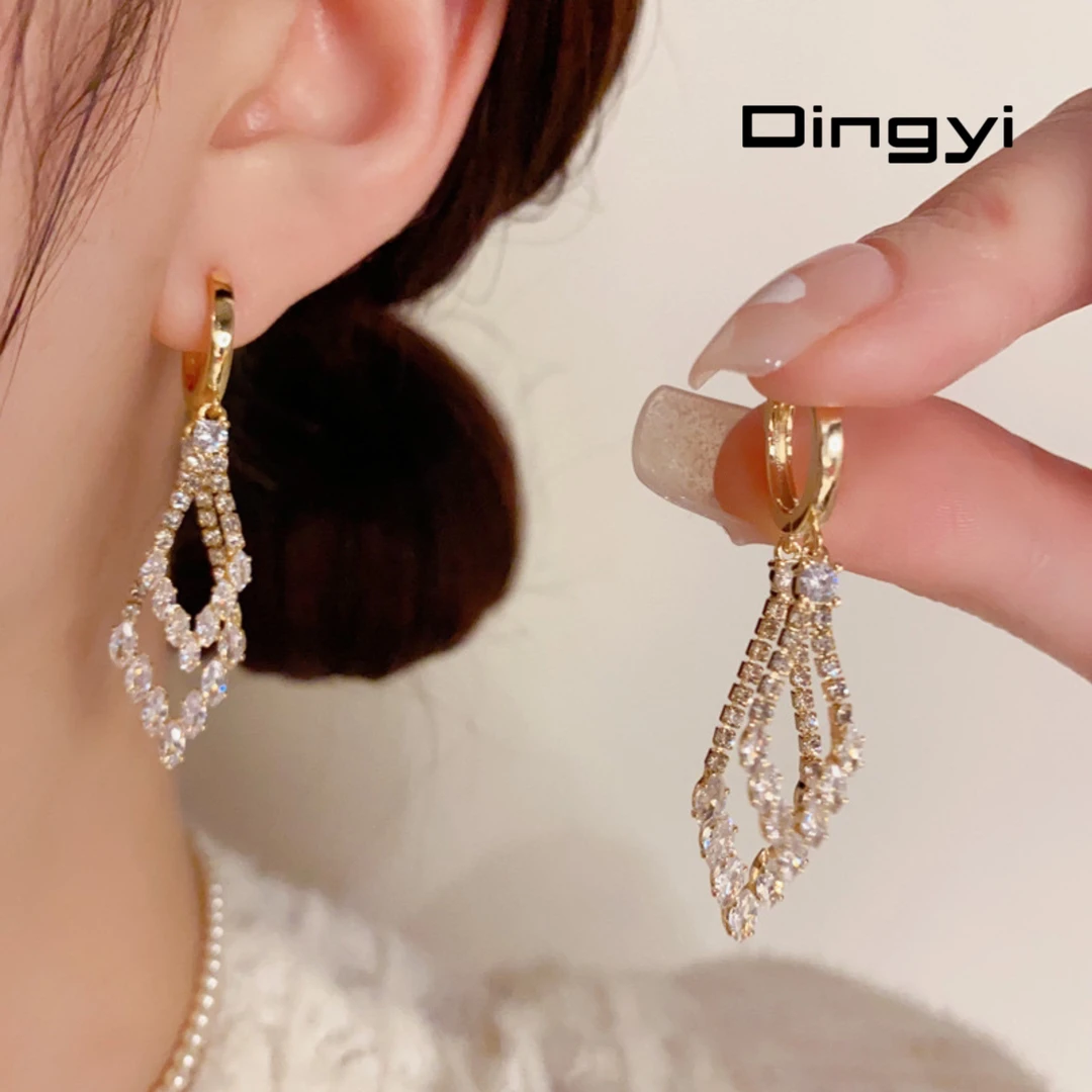 铜合金合成锆石耳饰 小众时尚设计满钻双层菱形几何耳扣轻奢显瘦d