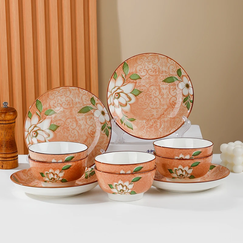 【G033】东房人锦绣花开陶瓷餐具10件套6碗4盘