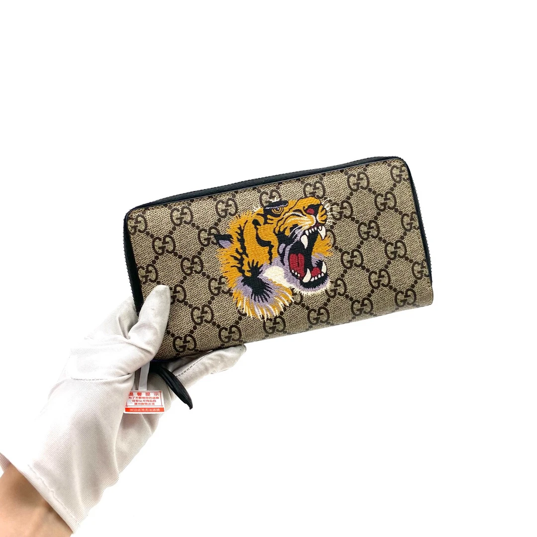 99新 GUCCI/古驰 经典老花虎头拉链钱包 尺寸20/10男士时尚短款