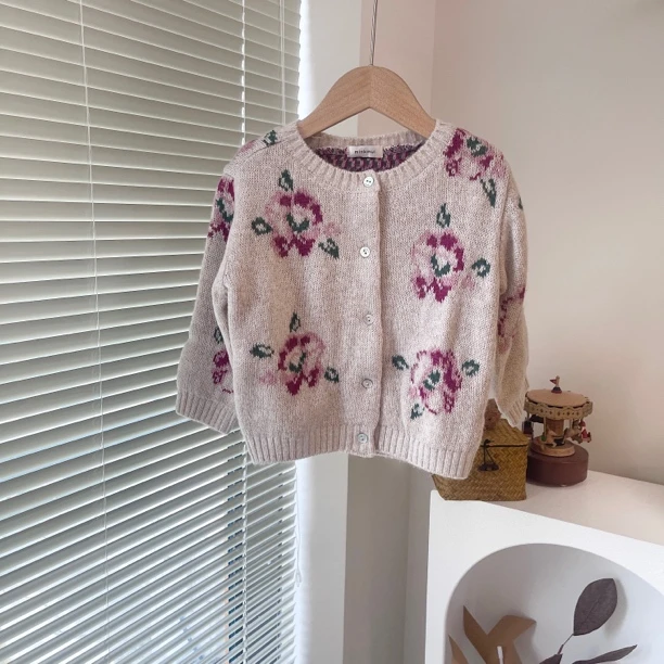 韩单 小星星 春秋款 精致紫色玫瑰毛衣开衫