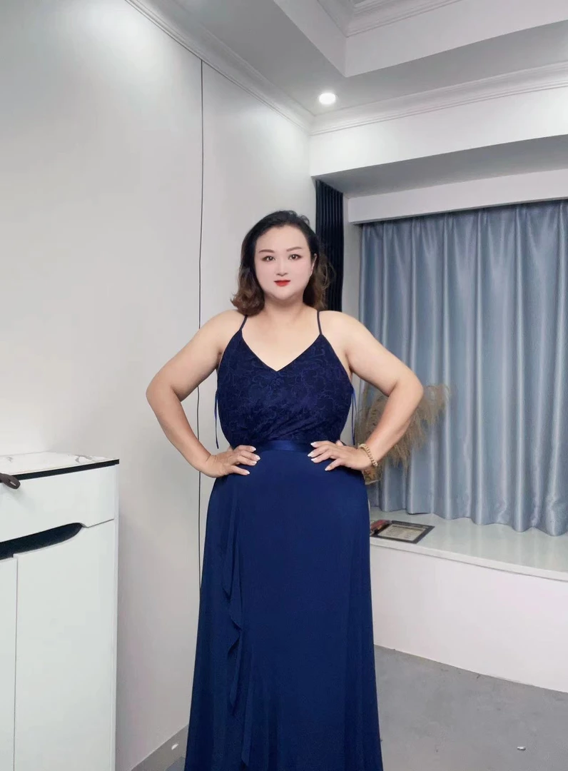 【乔姐严选】深海蓝优雅蕾丝拼雪纺吊带显瘦气质连衣裙