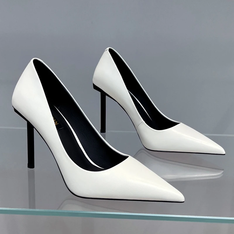 白色高跟鞋2023秋冬季新款女士真皮细跟气质百搭单鞋女7543