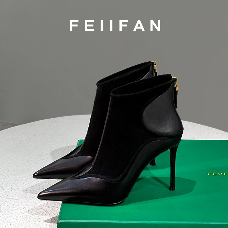 高跟短靴2024秋冬新款女士细跟不累脚尖头法式黑色靴子3793