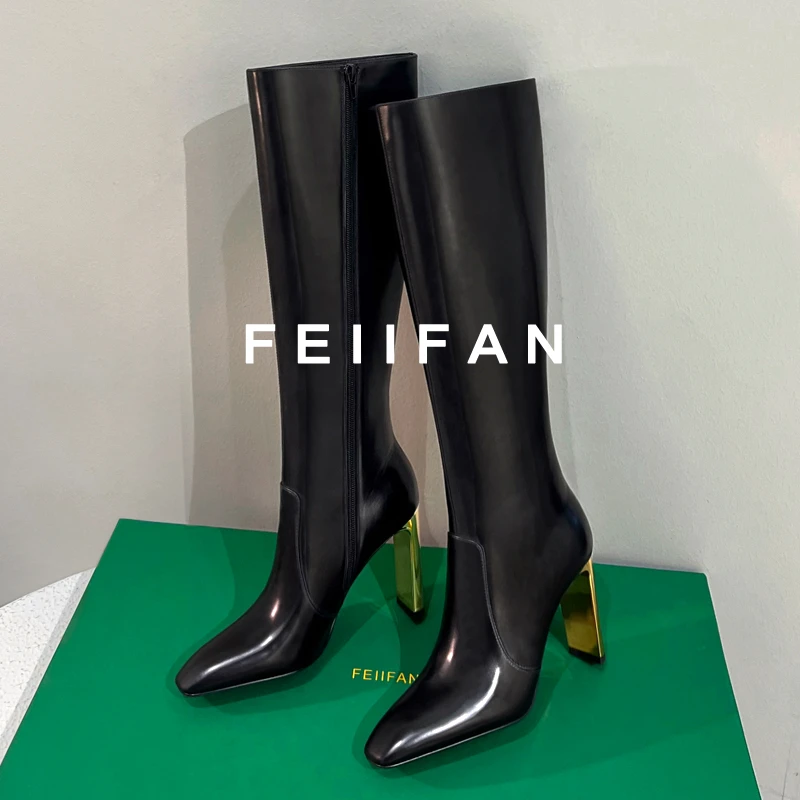【现货】靴子女长筒靴2024秋冬新款粗跟气质法式真皮高跟鞋6580