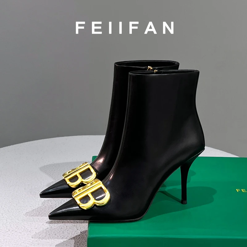 【现货】尖头短靴女2024秋冬新款细跟高跟鞋高级感法式黑色靴子7549