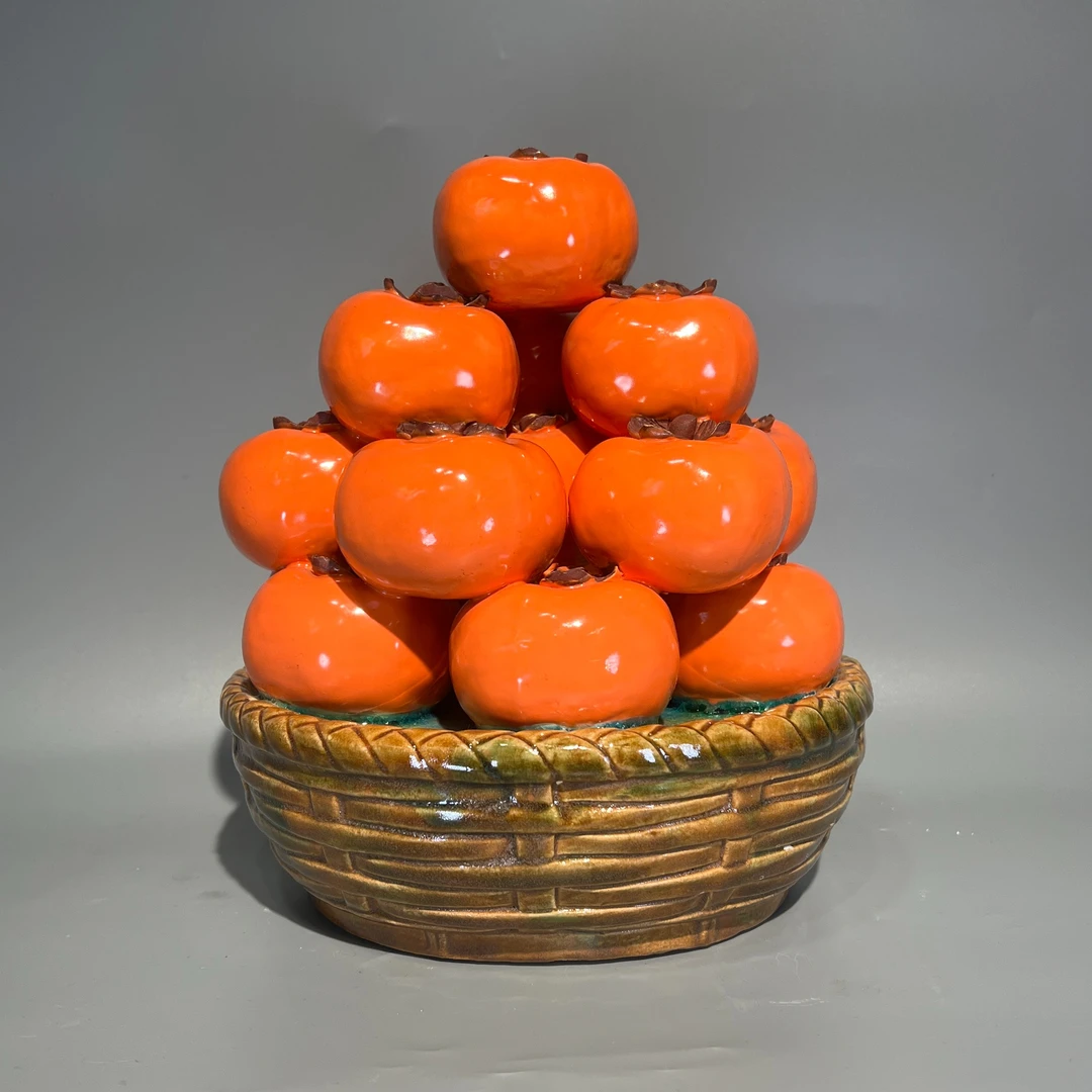 【事事如意】柿子篮石湾陶瓷、尺寸：23*28高、家居手工摆件。