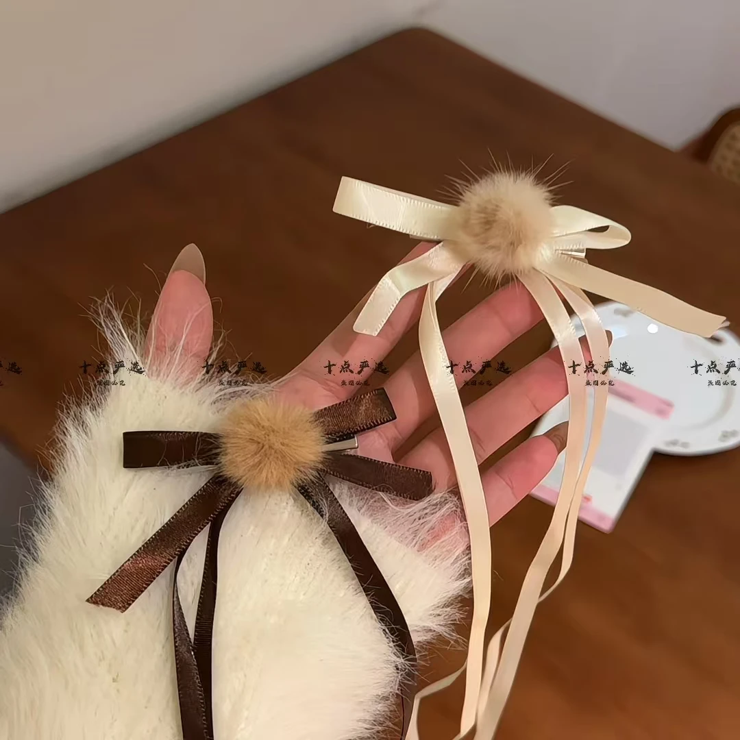 冬季新款芭蕾少女毛球蝴蝶结飘带发夹刘海夹侧边夹编发夹发饰头饰
