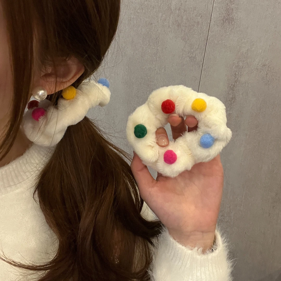 可爱少女发圈彩色球球毛绒发绳ins学生百搭简约皮套高马尾头绳