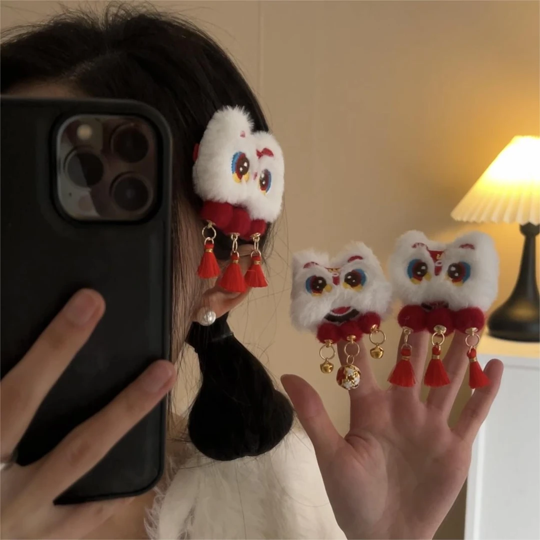 2026年新年醒狮流苏发夹女孩碎发鸭嘴夹双丸子头侧边刘海夹头饰