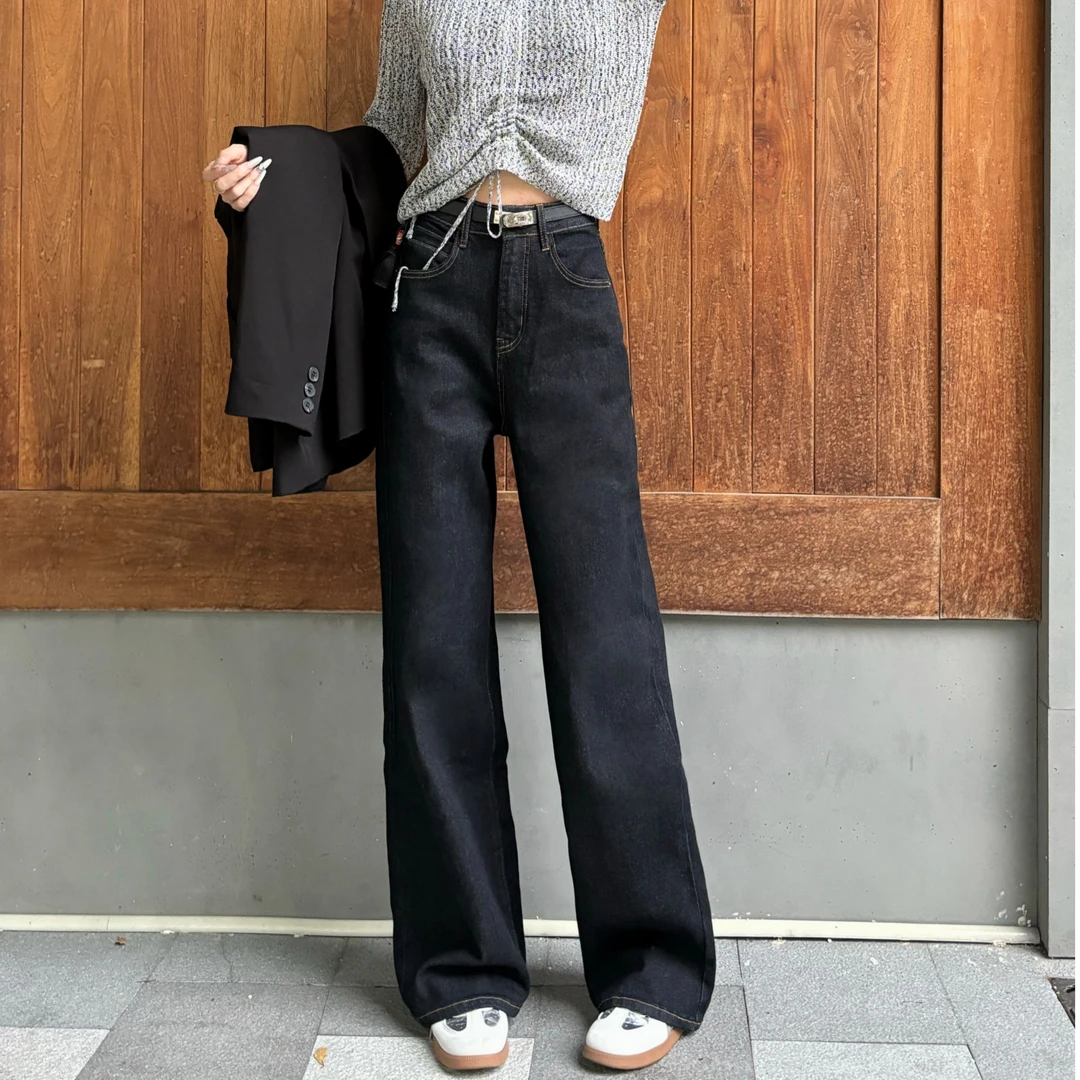 高个子弹力腰包普洗蓝牛仔裤显瘦显高窄版直通裤复古高腰大码秋季