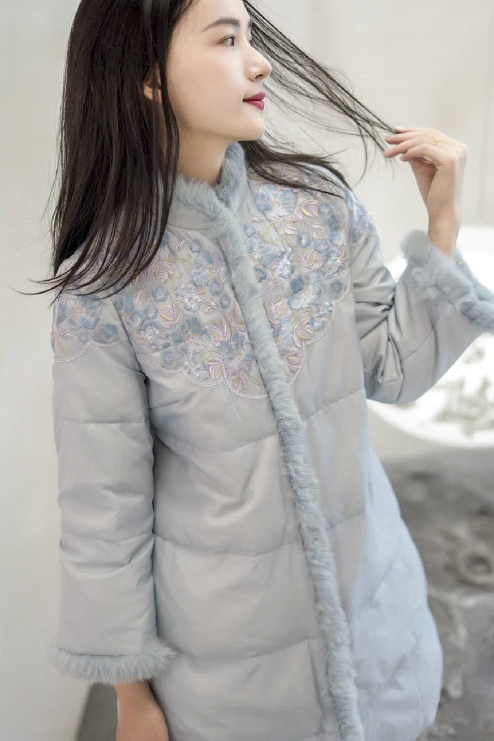 大吉原创不退换孤品~文艺中式开襟兔毛领保暖中长款改良茶服