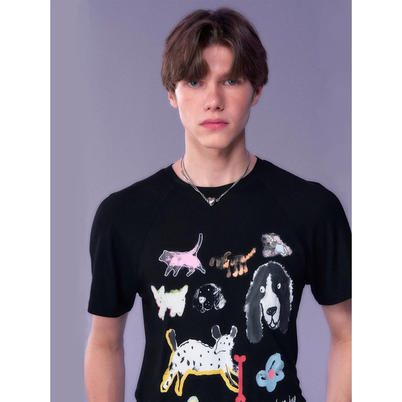 土男孩TOBOY小狗乐园手绘涂鸦印花紧身弹力短袖圆领情侣半袖可爱T