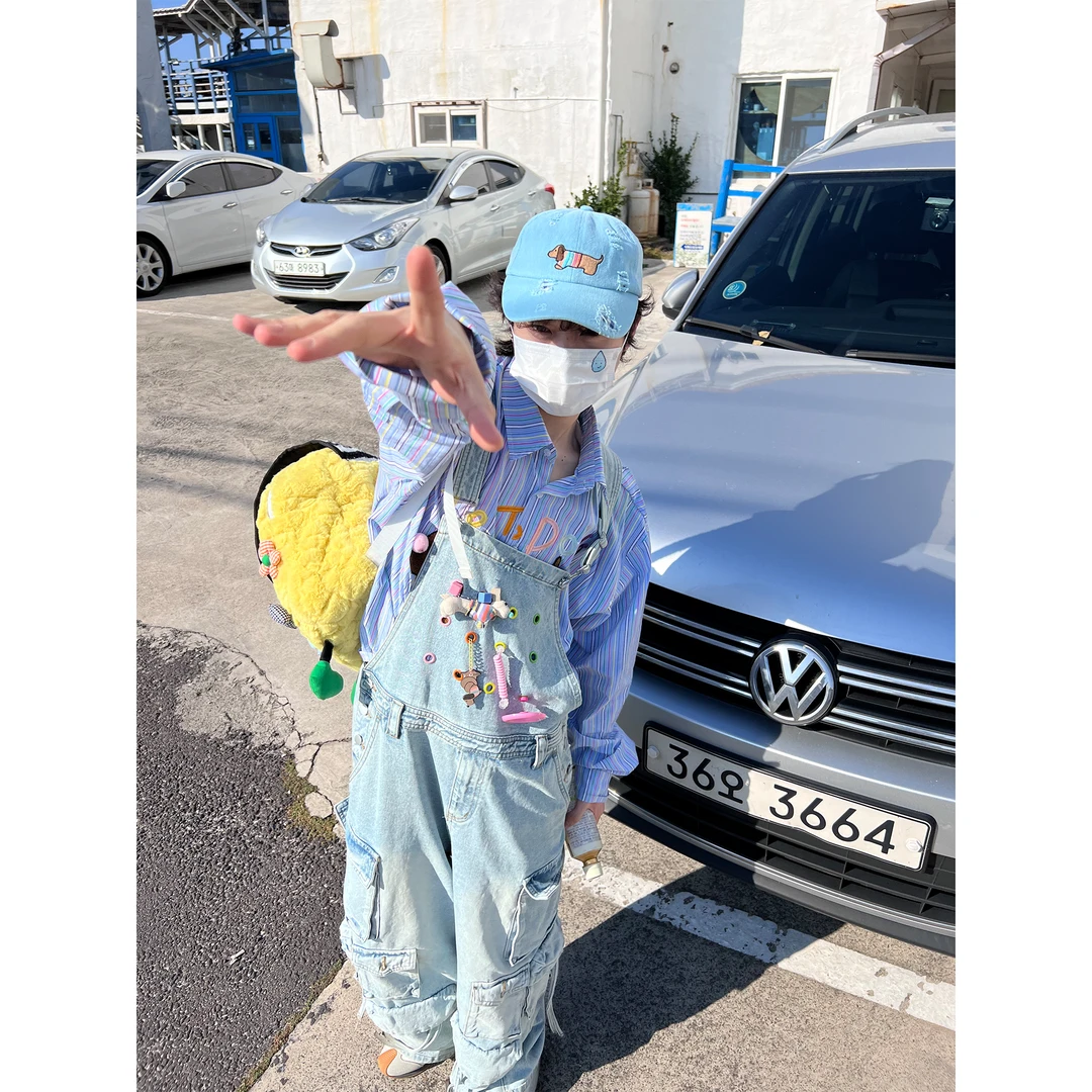 美式街头破洞牛仔背带裤夏季宽松显瘦直筒阔腿