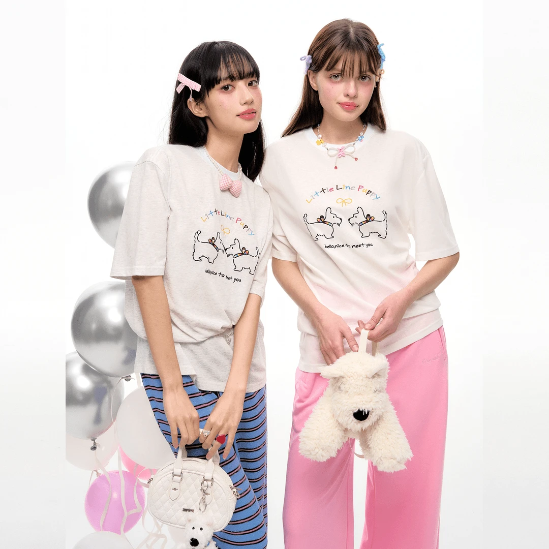 NECY西高地小狗夏季设计感卡通字母印花圆领短袖t恤男女宽松上衣