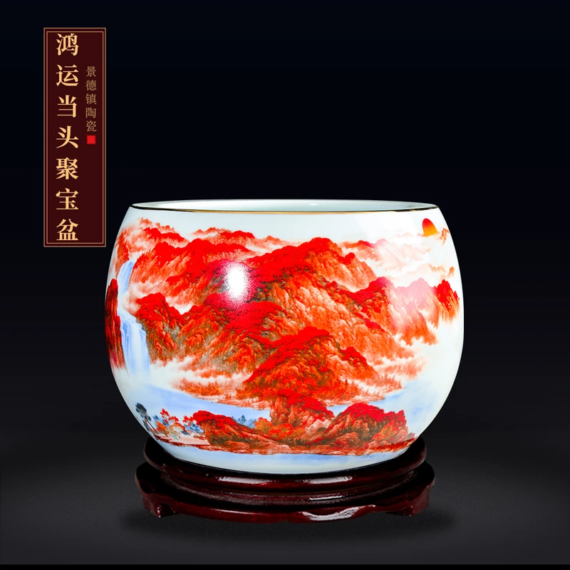 景德镇陶瓷器鸿运当头聚宝盆摆件中式家居饰品客厅玄关养鱼缸摆件