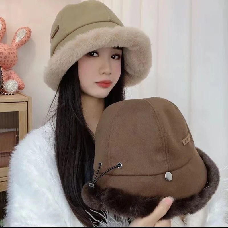 毛绒渔夫帽子女秋冬户外东北帽加绒加厚百搭保暖护耳日系优雅盆帽