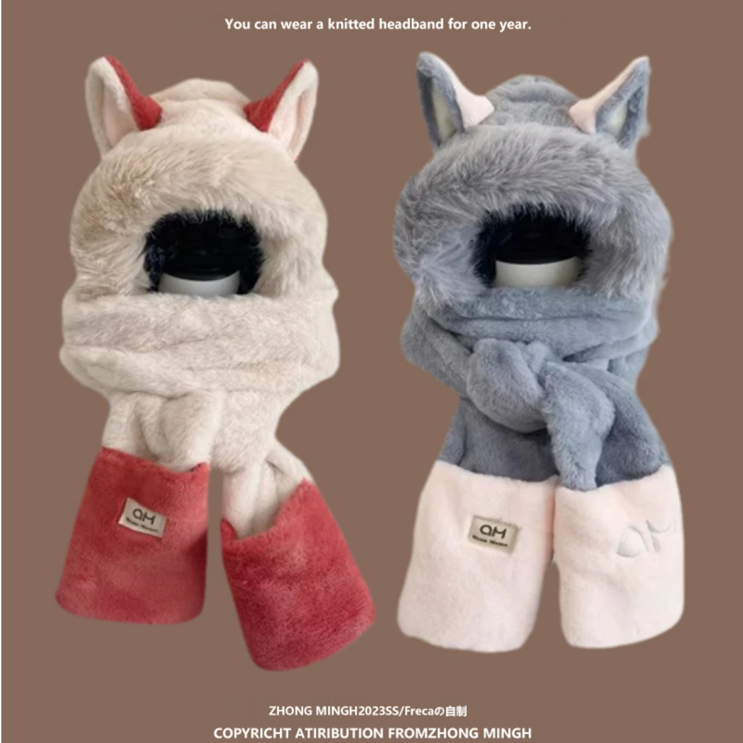 火狐狸耳朵百搭围巾手套一体三合一保暖毛茸茸滑雪围巾加厚三件套