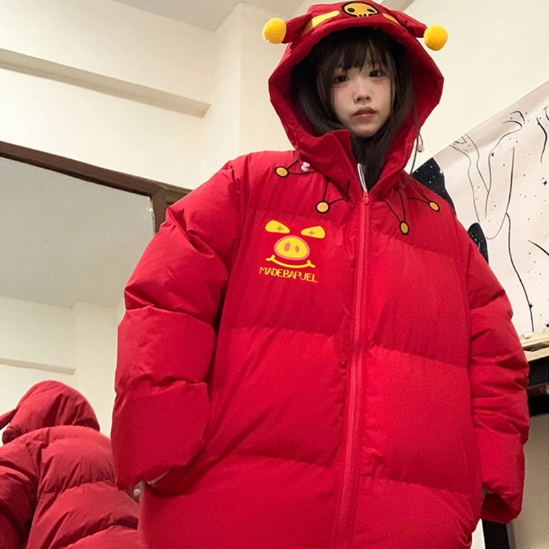 红色猪猪侠棉服女冬季2024年新款甜美可爱情侣连帽加厚棉衣棉袄潮