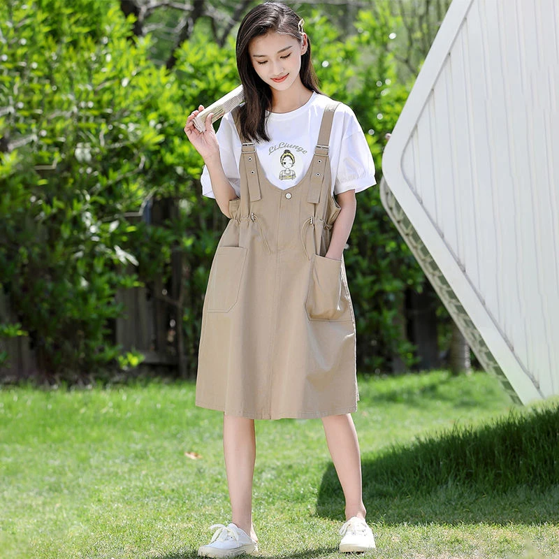 【两件套】少女夏装2023新款连衣裙女孩时尚套装T恤背带裙子洋气