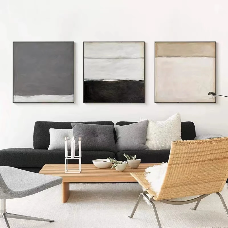侘寂风客餐厅沙发背景墙装饰画黑白灰组合正方形大幅卧室床头挂画