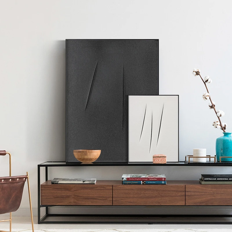 卢齐欧封塔纳黑白灰极简主义刀痕挂画客厅装饰画名画艺术桌台摆画