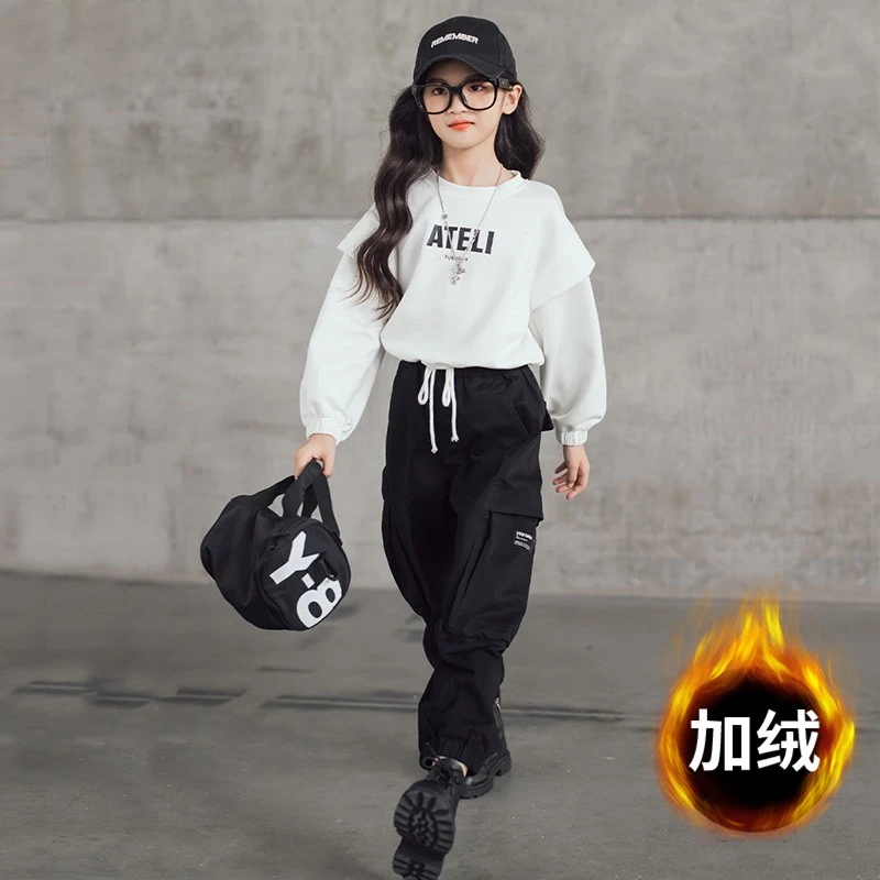 童装裤子女童工装裤2023秋冬新款中大童加绒加厚洋气街舞潮款裤子