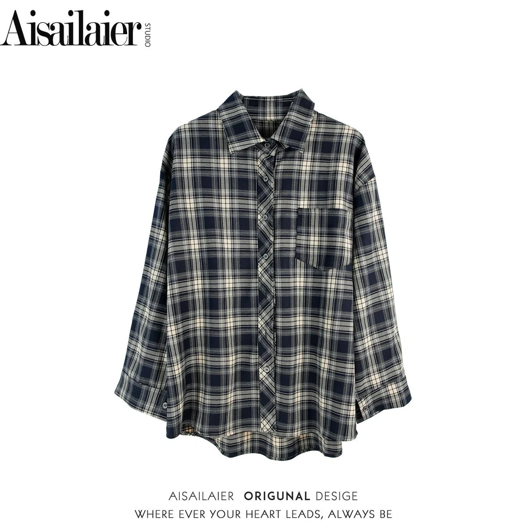 【艾赛莱尔】·欧若风·欧若风格子衬衫女衬衣宽松休闲翻领长袖开衫