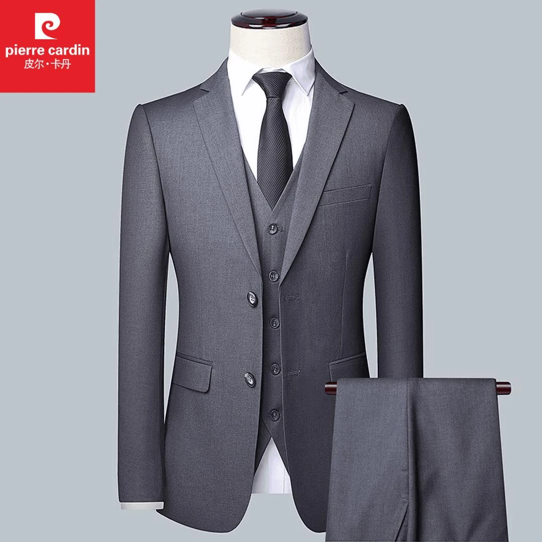 皮尔卡丹休闲纯色修身西服三件套装秋冬款男士商务双扣结婚礼服