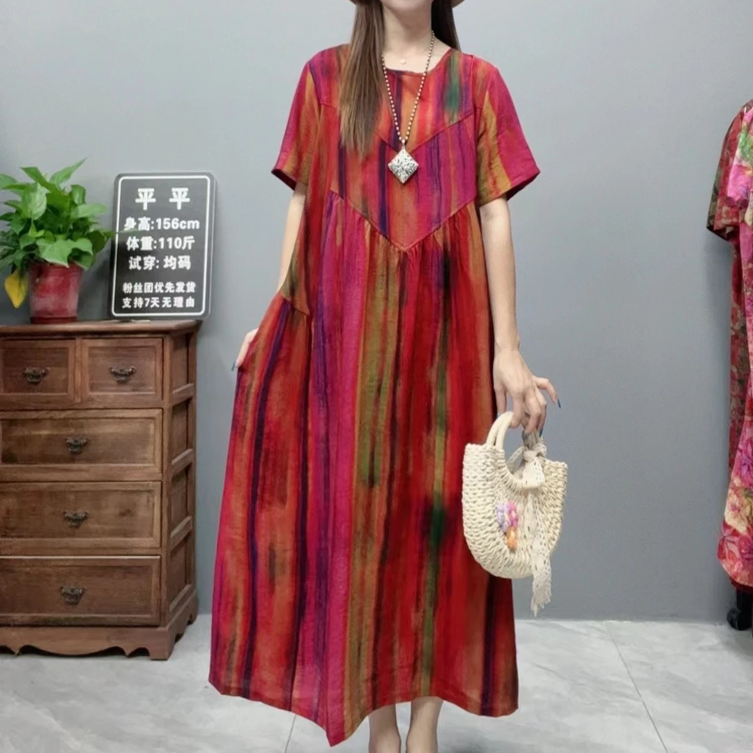 3357夏季新款清凉气质时尚复古遮肚宽松女显瘦百搭圆领休闲连衣裙