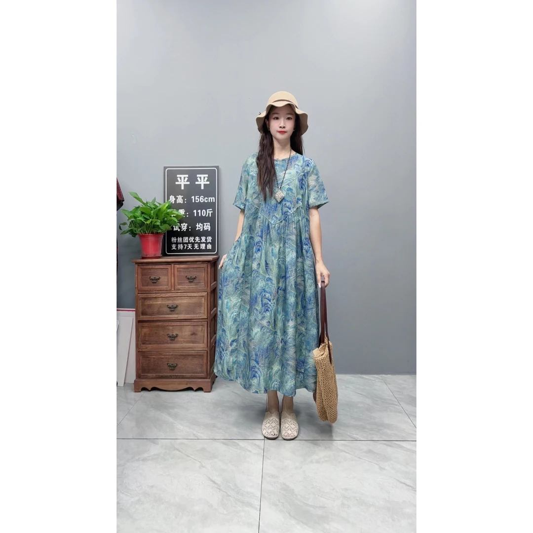 3561夏季新款清凉气质时尚复古遮肚宽松女显瘦百搭圆领休闲连衣裙