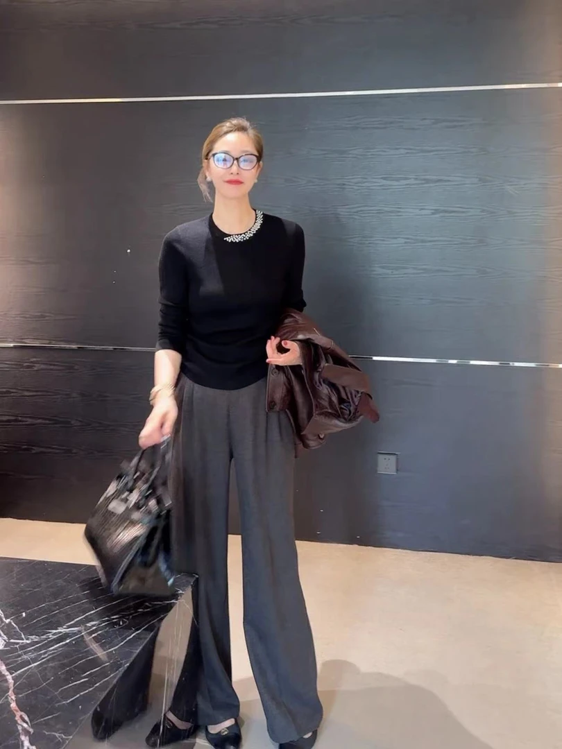 FIGO LOVE秋季百搭高腰后半松紧舒适西装裤9568