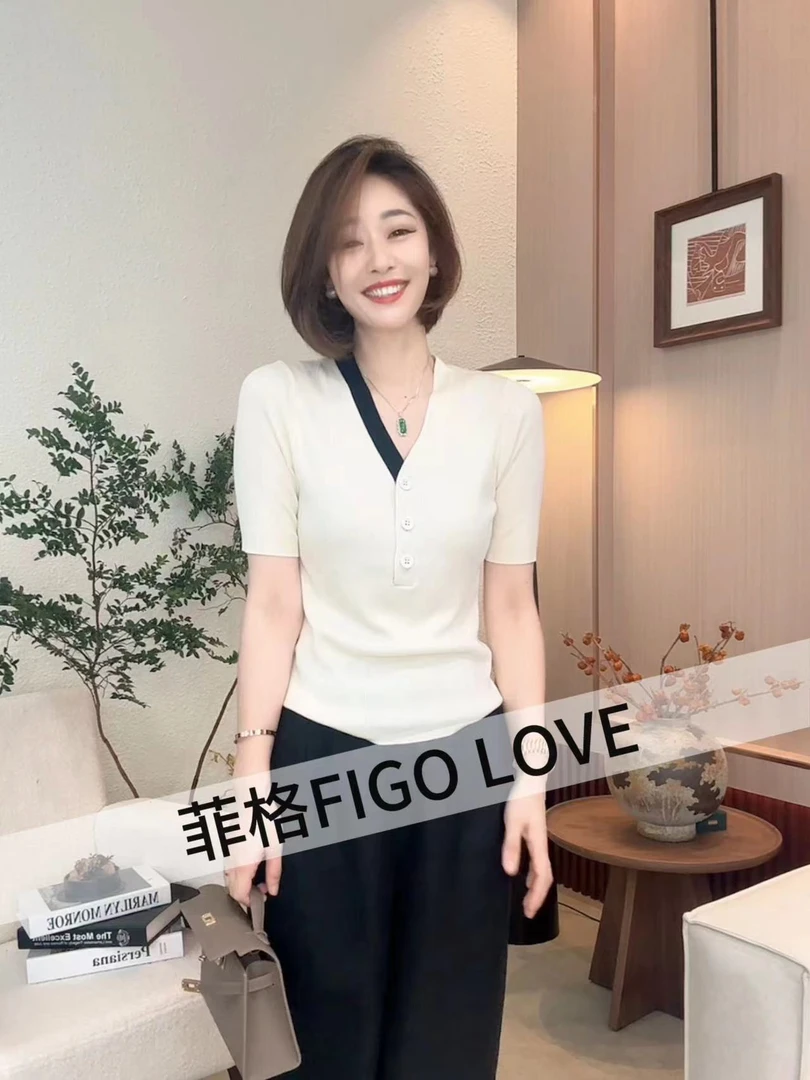 菲格【FlGO】夏末16针系列撞色v领显瘦时尚羊毛百搭针织上衣31668
