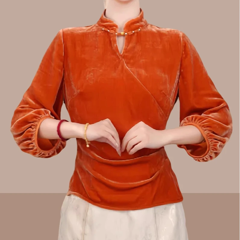 2024秋冬季新款新中式国风荷叶边领气质轻奢收腰打褶花边丝绒上衣