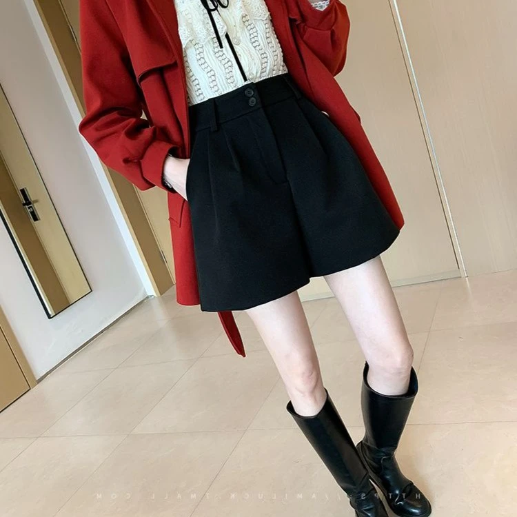 毛呢短裤女秋冬外穿2025新款高腰宽松显瘦a字百搭四分阔腿靴裤子1
