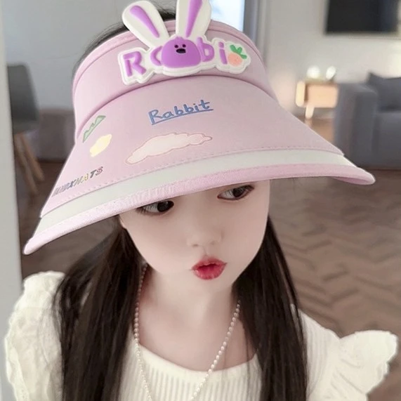 儿童防晒帽子女孩夏季大檐防紫外线空顶帽男女宝宝卡通兔子遮阳帽