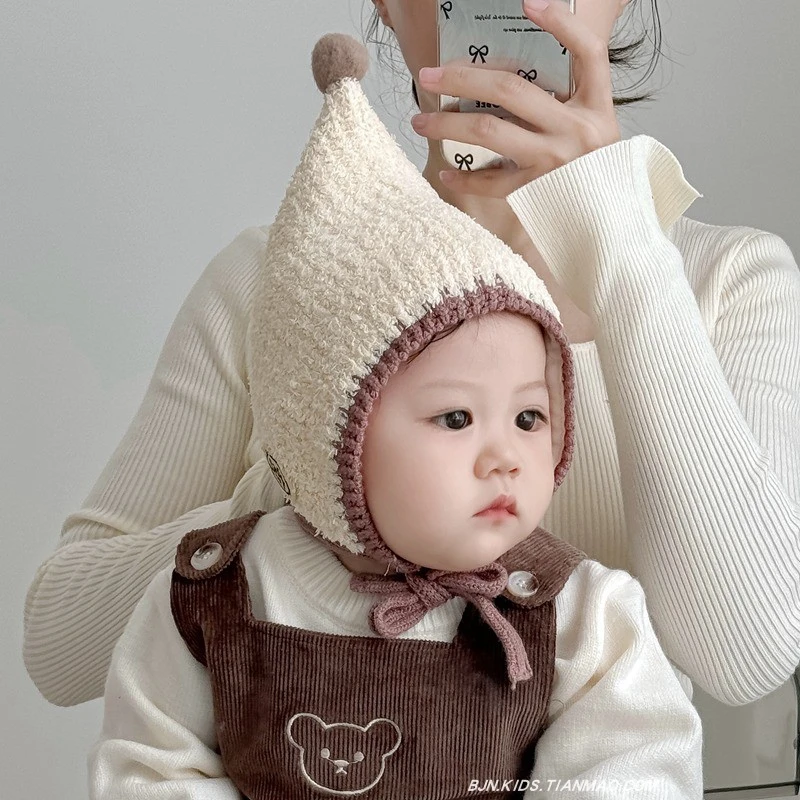 婴儿帽子可爱超萌尖尖护耳加厚保暖秋冬季男女宝宝毛绒防风套头帽