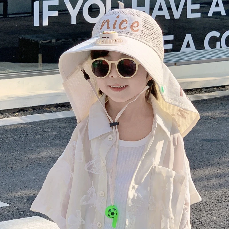 儿童风扇防晒帽大帽檐男童女童夏季防紫外线凉帽宝宝遮阳太阳帽子