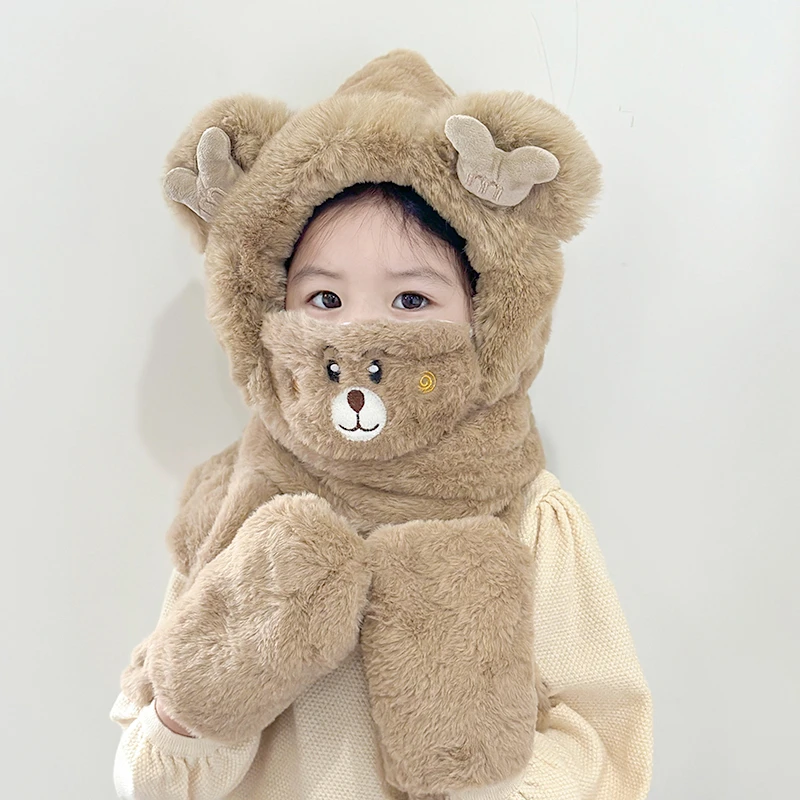 儿童毛绒一体帽子围脖手套三件套韩版冬季男女童加绒加厚宝宝防风