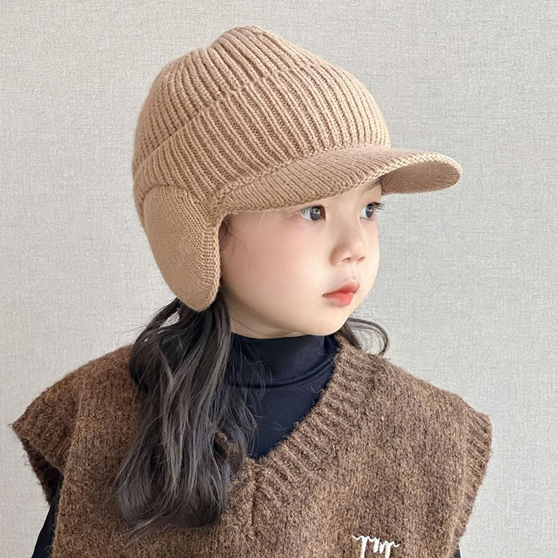 儿童秋冬季鸭舌帽男童女童韩版护耳毛线帽针织保暖防风宝宝冬天潮