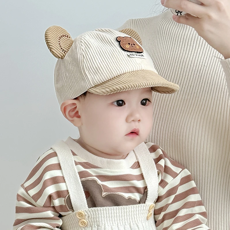 宝宝鸭舌帽秋冬季韩版厚男女童可爱小熊保暖灯芯绒婴儿幼软檐儿童