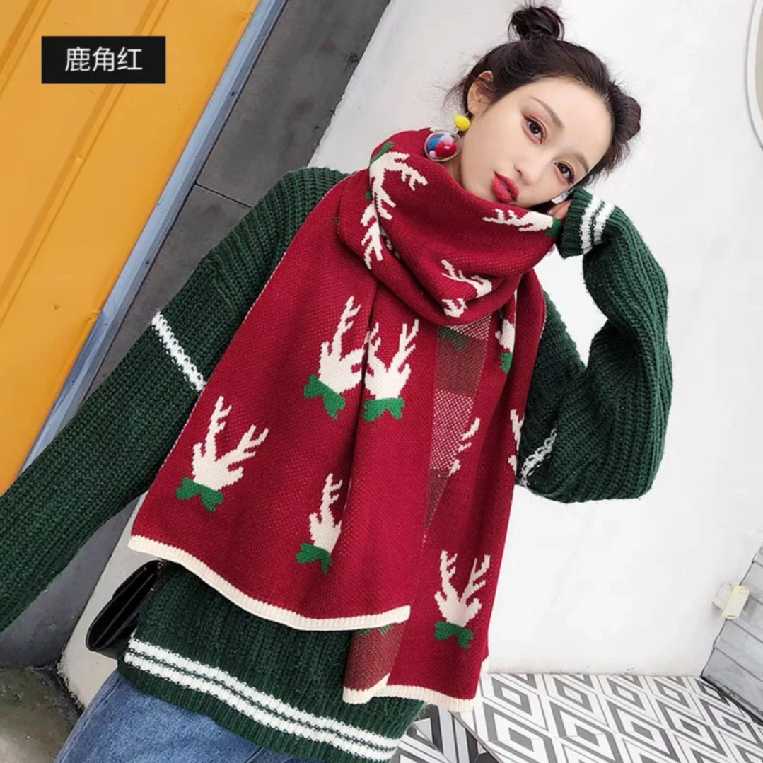 圣诞节小鹿红色围巾女冬季2022新款情侣生日礼物针织披肩女生围脖